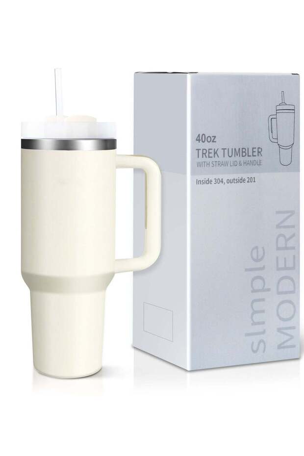 Car Mug, 40 oz Travel Mug with Handle, Straw Lid Mug with Lid Insulated Stainless Steel Mug Iced Tea Coffee Gift Cream, Cold or Hot Drinks Travel Mug (304 Stainless Steel 40oz) White