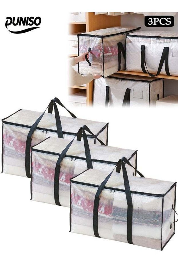3 Pack Clear Clothes Storage Bags, 72L Plastic Blanket Storage Bags with Side Handle, Foldable Moving Bags with Zipper&Handle, Waterproof and Dustproof，Sturdy and Durable，for Bedding, Duvet, Comforte