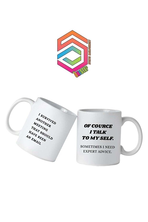A beautiful ceramic mug with “OF COURCE I TALK TO MY SELF...” print on one side and a fun “SURVIVED ANOTHER MEETING...” on the other. A thoughtful and stylish gift for any occasion and anyone.