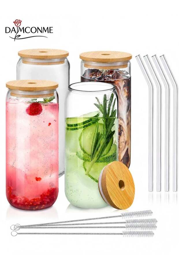 20 oz Drinking Glasses with Bamboo Lids and Glass Straw - 4 Pcs Can Shaped Glass Cups Beer & Ice Coffee Glasses Cute Tumbler Cup Great for Soda Boba Tea Cocktail Include 4 Cleaning Brushes