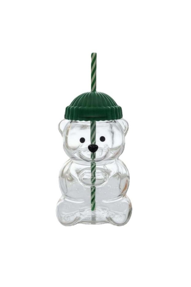 Portable Bear Glass Coffee Mug, 590 ml Capacity, Perfect for Ice Coffee & Matcha, Holiday Gifting - Green