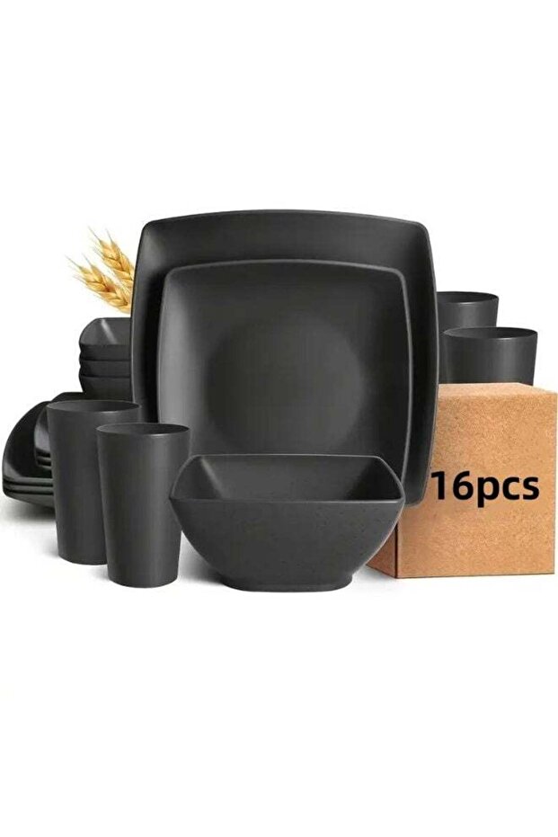 16-Piece Plastic Tableware Set, Including Plates, Bowls, And Cups For 4 People, Square Plates And S
