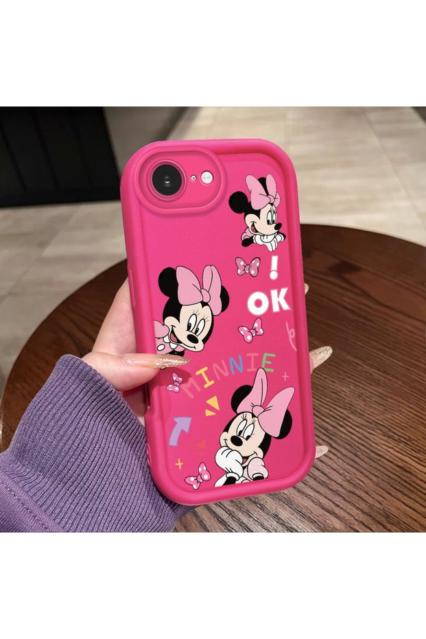 iPhone 16E Compatible Pink Red Silicone Case Shockproof Camera Protection Minnie and Bow Pattern