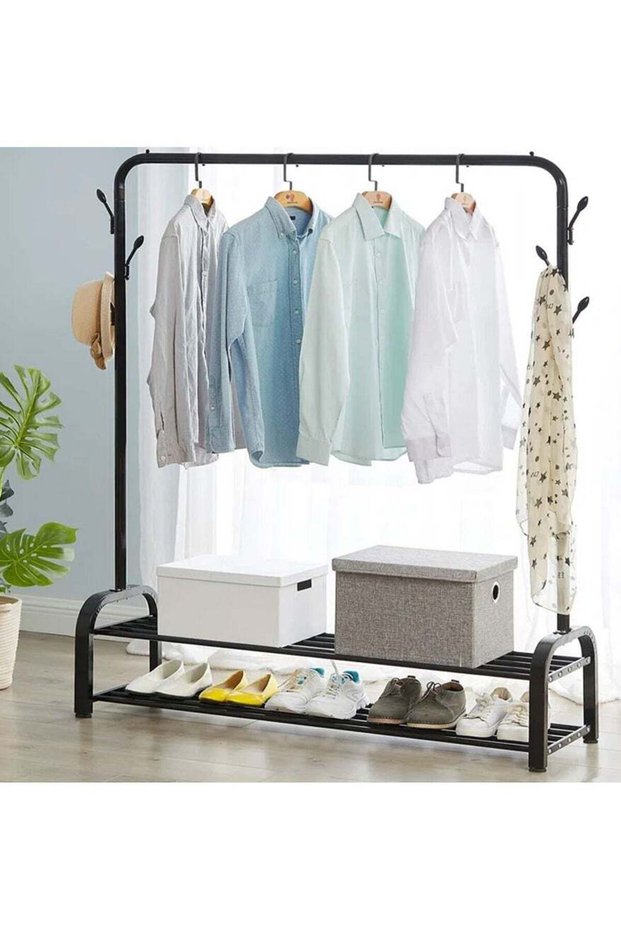 Clothes Storage Drying Rack Foldable Double Pole, With Hooks and Shoe Rack