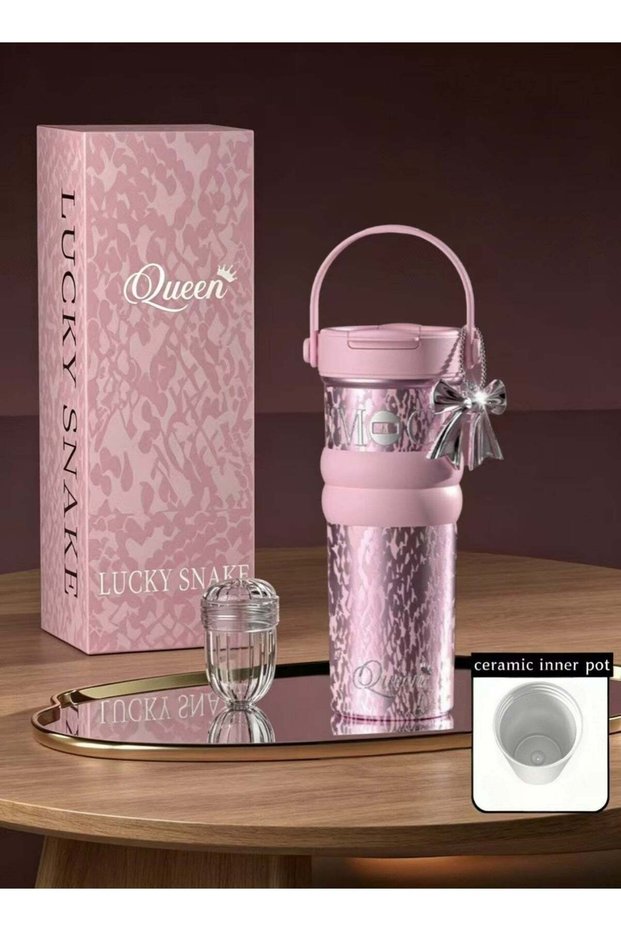 Queen Ceramic Lined Tumbler Thermos Cup, Pink Travel Mug,With Handle Thermos Cup,Bow knot Pendant Thermos Cup, Leopard Print Cup,Reusable Iced Coffee Cup,With Handle And Straw,Insulated Leak Proof Tr