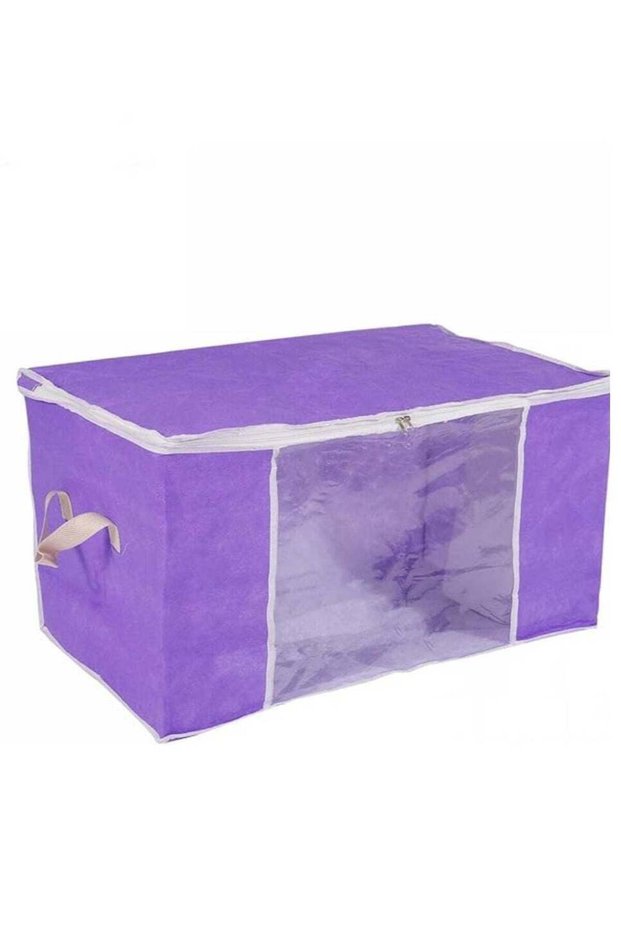 Clothes Storage Bag Foldable Storage Bins for Clothes, Comforters Storage Bags with Reinforced Handle Sturdy Zipper Closet Organizer with Clear Window Purple