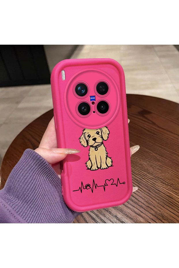 Vivo X300 Pro Compatible Pink Red Silicone Case Shockproof Camera Protection Heartbeat and Dog Pattern