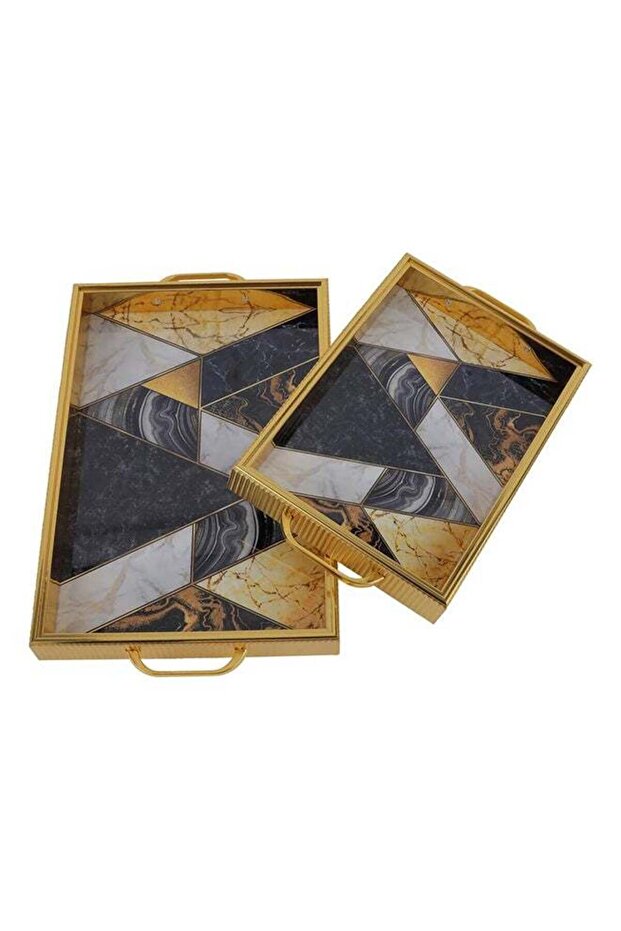 Royalford 2-Piece Rectangular Plastic and MDF Arabic Style Serving Tray Set | Handles, Elegant Gold