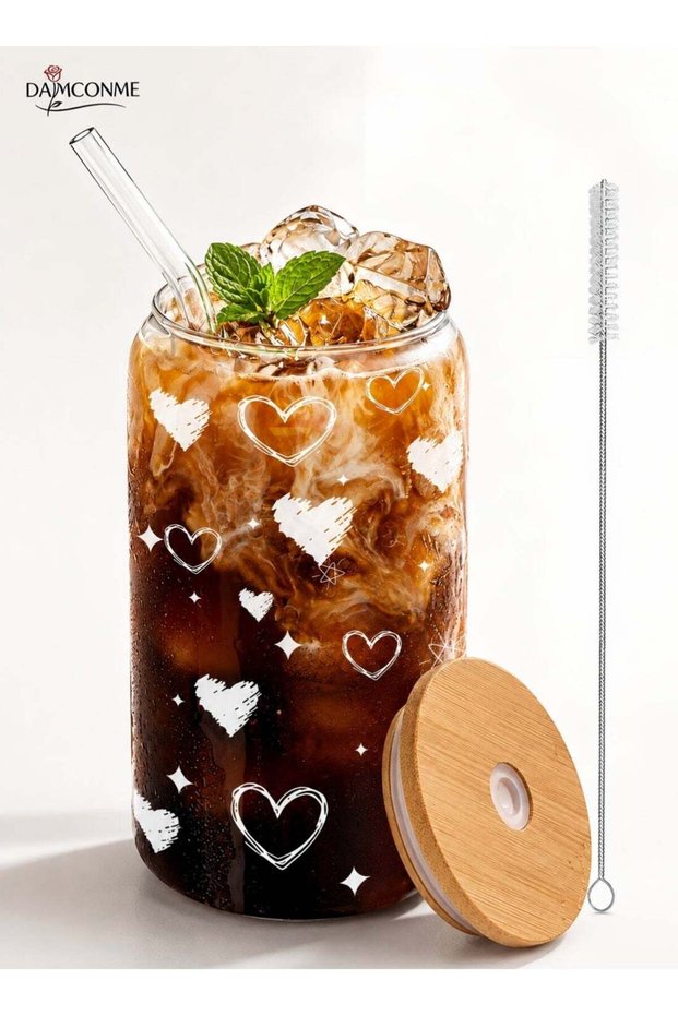 1Pack Coffee Cups with Lids,16oz Glass Cups with Straws and Lids-Glass Coffee Cups,Drinking Beer Glasses with Bamboo Lids,Cute Glass Cups, Heart Shaped Glasses Cups
