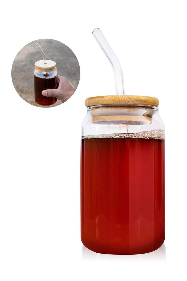 Juice Glass Jar Wood Lid With Straw 400ml Cups with Iced Coffee Glasses Portable Beverage Tumbler Cup for Smoothie