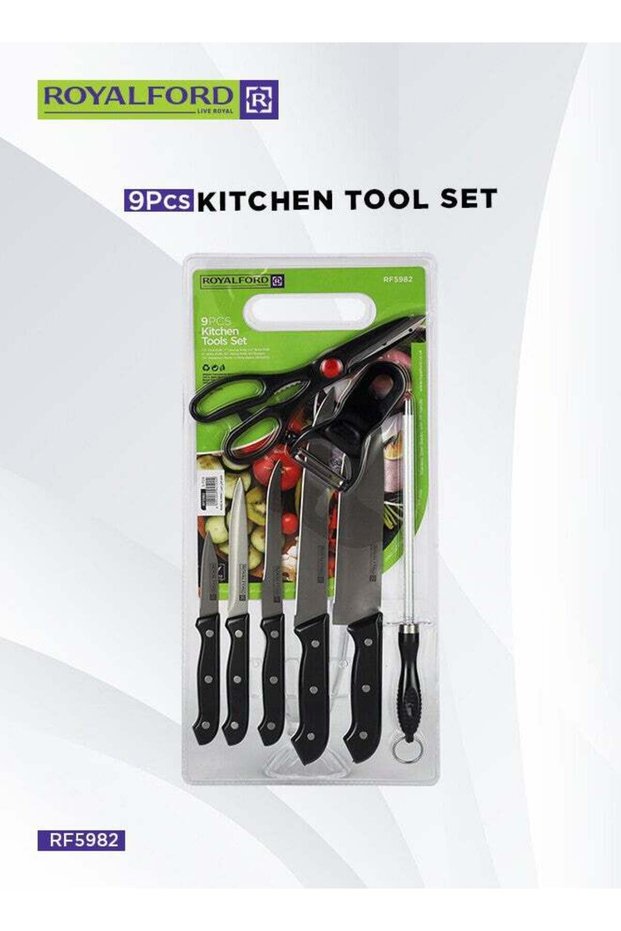 Royalford 9 Piece Kitchen Tool Set, Includes 5 Stainless Steel Knives, Knife Sharpener, Peeler and Cutting Board, PP Handles, Suitable for Cutting, Peeling and Chopping Fruits & Vegetables 7.5inch