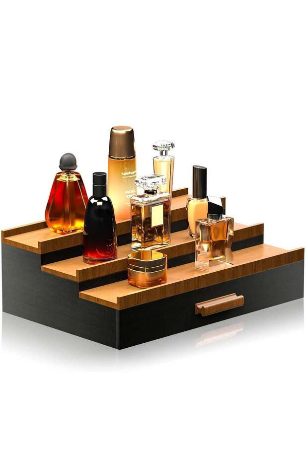 3 Tier Wood Perfume Display Shelf, Makeup Display Stand Shelf, Bathroom Organizers Storage, Kitchen Spice Bottle Rack, Home Display Rack, Doll Storage Rack, Elevated Cologne Display Stand with Drawer