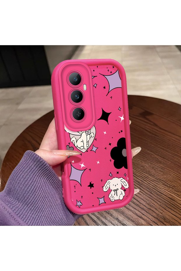 Realme C65 4g Compatible Pink Red Silicone Case Shockproof Camera Protection Cat and Star Pattern