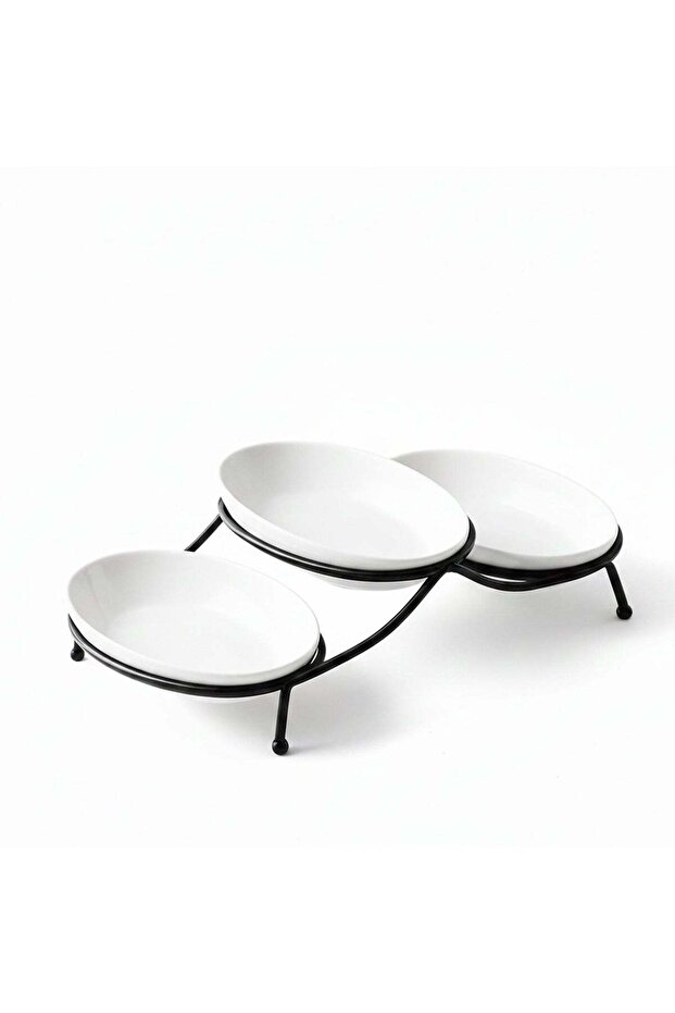 Shallow White Porcelain & Oval Serving Bowls with Metal Stand – 3 PCS (18cm) | Elevated Snack, Dess