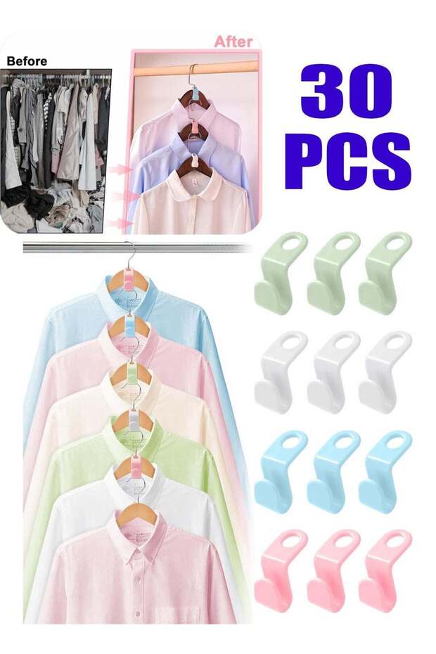 30PCS Multicolor Hanger Connector Hooks, Stacking Space Saver Hanger Extender, Plastic Closet Storage Organizer for Home Bedroom(30, Multicolor)