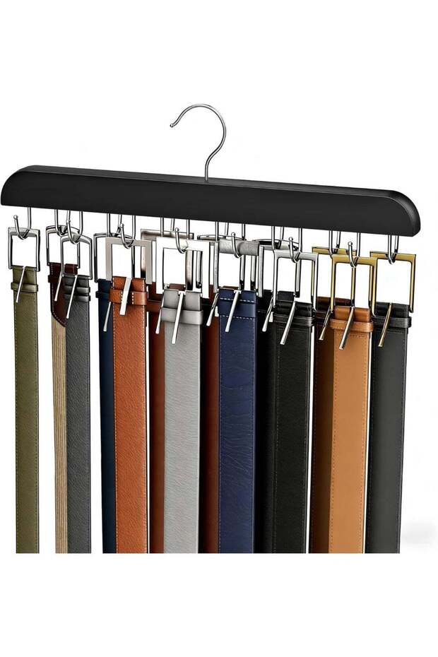 Belt Hanger for Closet Max 42 Belts, Belt Organizer Closet Accessories with 14 Hooks Belt Rack Sturdy Wood for Closet Organizers and Storage -Black 1 Pack