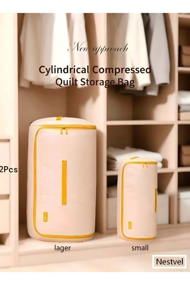cream yellowCylindrical Compressed Quilt Storage Bag, Large Capacity Dustproof Organizer Bag, Space Saving Wardrobe Organizing, Household Storage Bag for Clothes Bedding House Moving