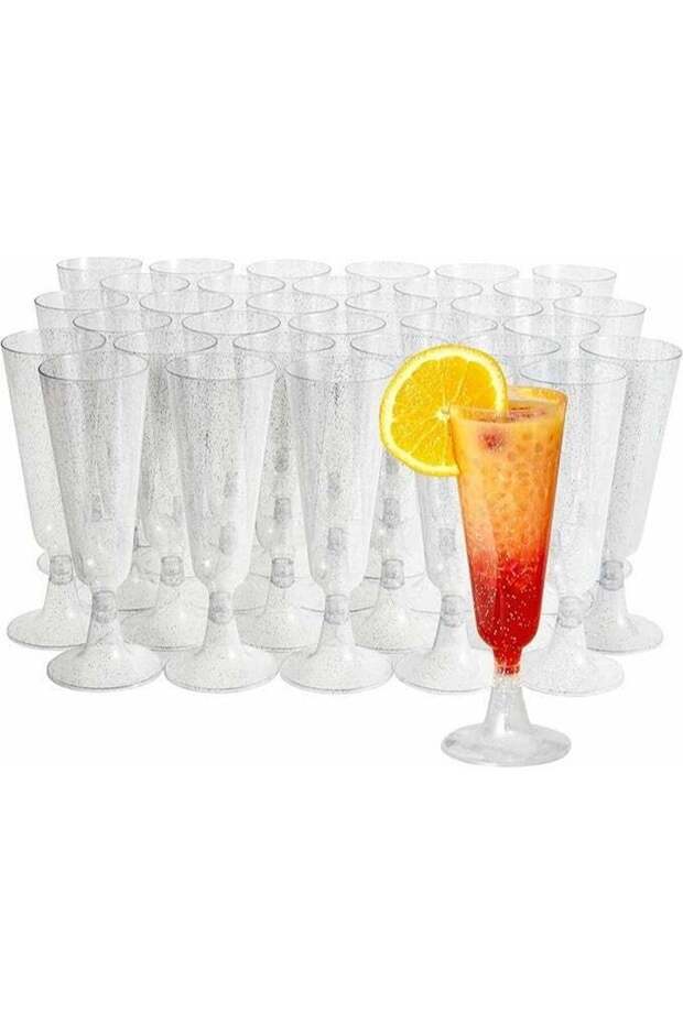 50 Plastic Champagne Flutes 5oz with Silver Glitter - Sturdy & Reusable - Cocktails, Prosecco, Mimosa - Toasting Glasses for Birthdays, Weddings, Christmas, BBQ & Parties