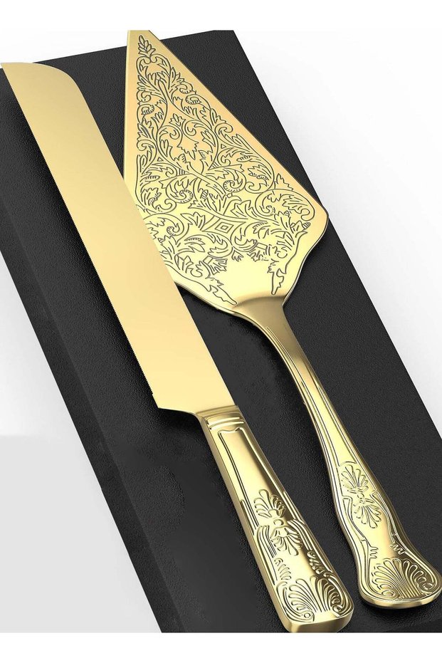 Vintage Wedding Cake Knife and Server Set, Stainless Steel Cake Pie Pastry Cutting Knife & Serving Spatula Set, Premium Party Supplies for Wedding, Birthday, Anniversary & Events(Gold)