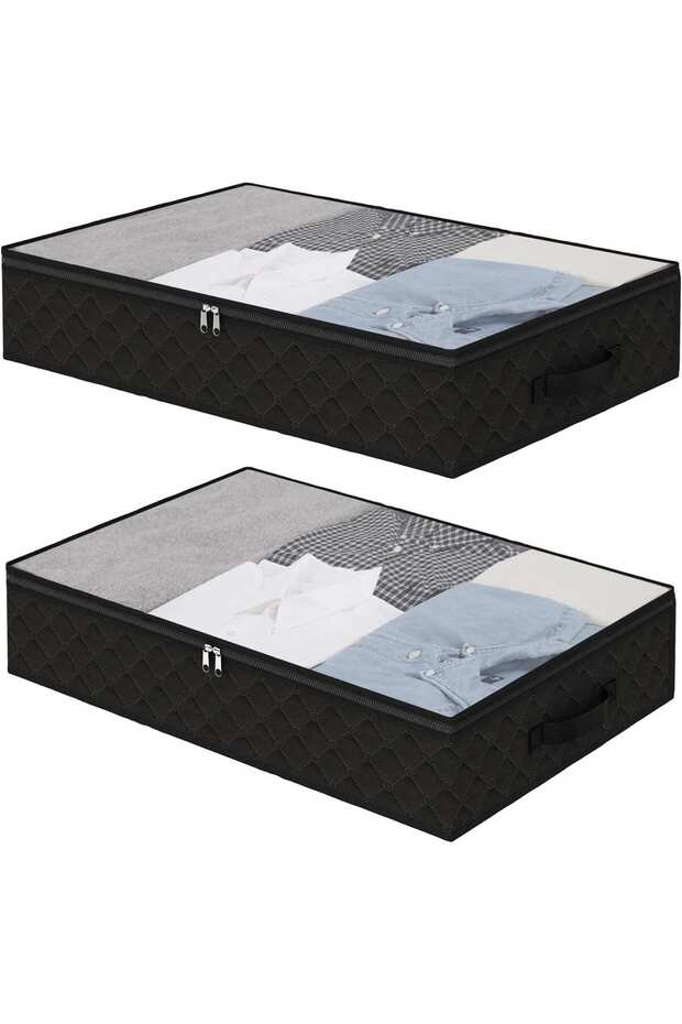 2 Pcs Underbed Storage Bags, Storage Containers with Clear Window and Reinforced Handles, Space-Saving Storage for Clothing, Bedding, Comforters, Seasonal Item Organization (Black)