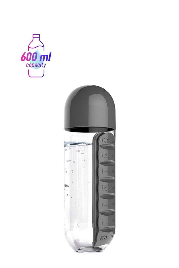 Water Bottle With Daily Pill Box Organizer 600 ml Black/Clear