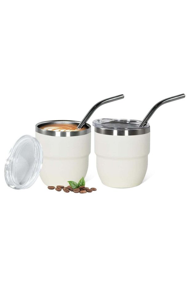 White vacuum insulated cup, espresso-style Italian coffee stainless steel insulated cup set of 2, 4-ounce stackable coffee cups, with straw and lid, double-layer mini insulated cup