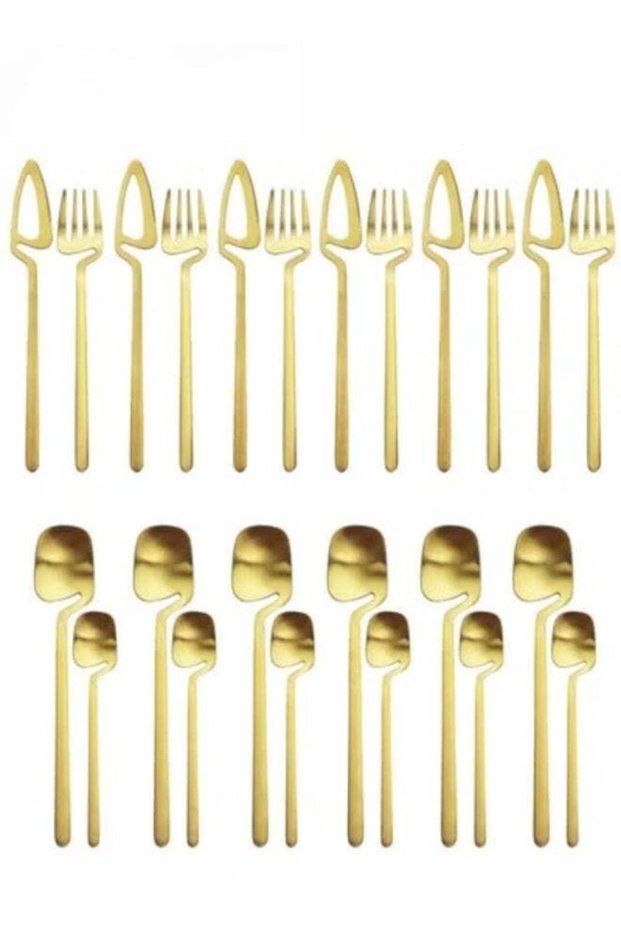 24 PCS Hangable Flatware Set with Knives Spoons and Forks Stainless Steel Flatware Set for 6 Persons Gold