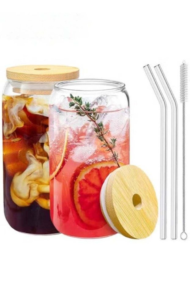 Can Tumbler Glasses,2PCS Drinking Glasses With Bamboo Lids And Glass Straw,16oz Coke Can-Shaped Tumbler Glass Cups With 1 Cleaning Brushe,For Tea,Soda,Iced Coffee