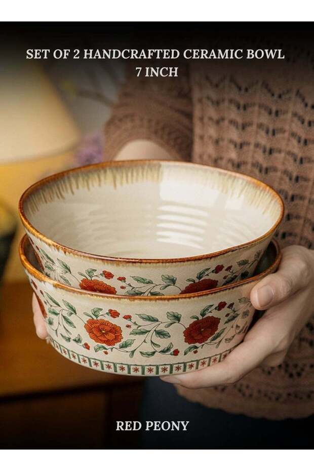 Set of 2 Handcrafted Ceramic Bowls 7 inch 900ml - Red Peony Ruffled Bowl, Perfect Housewarming Gift