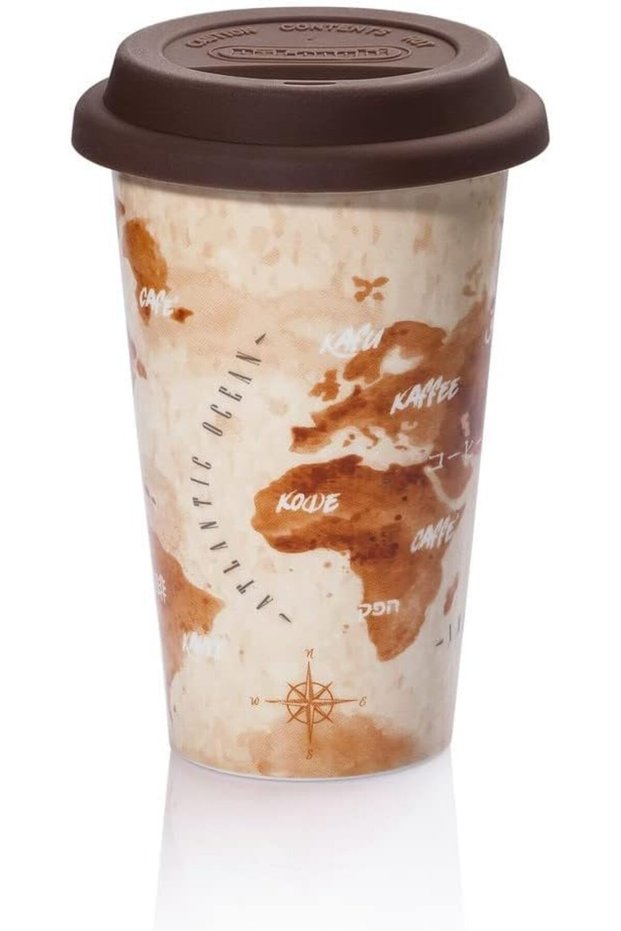 De'Longhi Double-Wall Ceramic Mug 300ml - Handmade Thermal Mug with Silicone Lid, Keeps Drinks Warm, Map Design for Travel Lovers, Microwave and Dishwasher Safe, Brown DLSC056