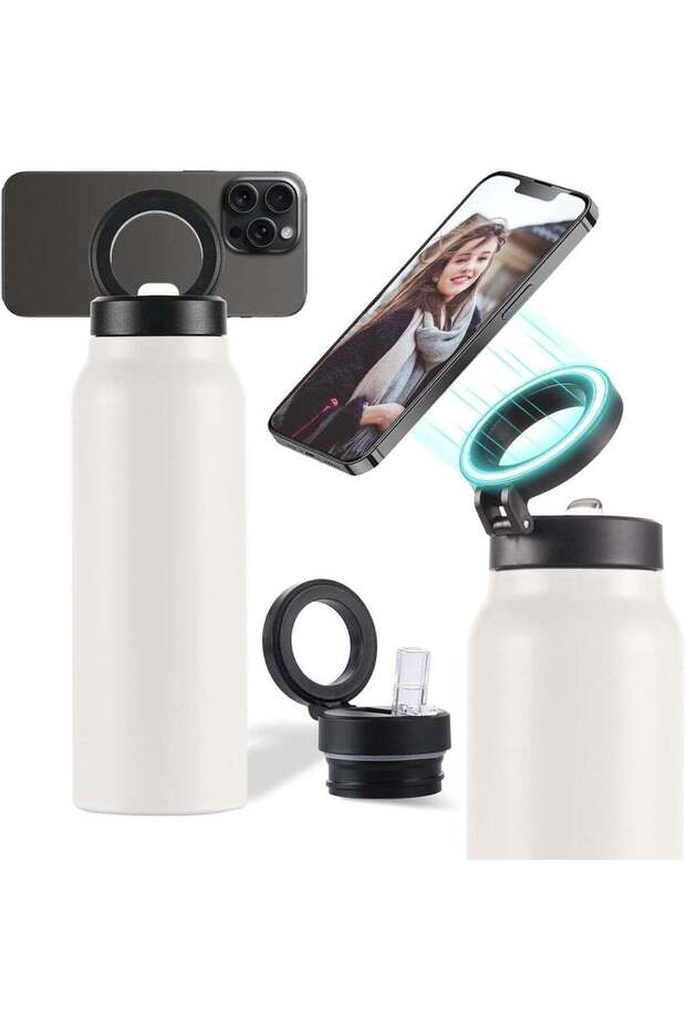 24 oz Insulated Water Bottle with Magnetic Phone Holder, MagSafe Tripod Compatible, Stainless Steel Sports Water Bottle with Straw, 12 Hours Hot, 24 Hours Cold, White