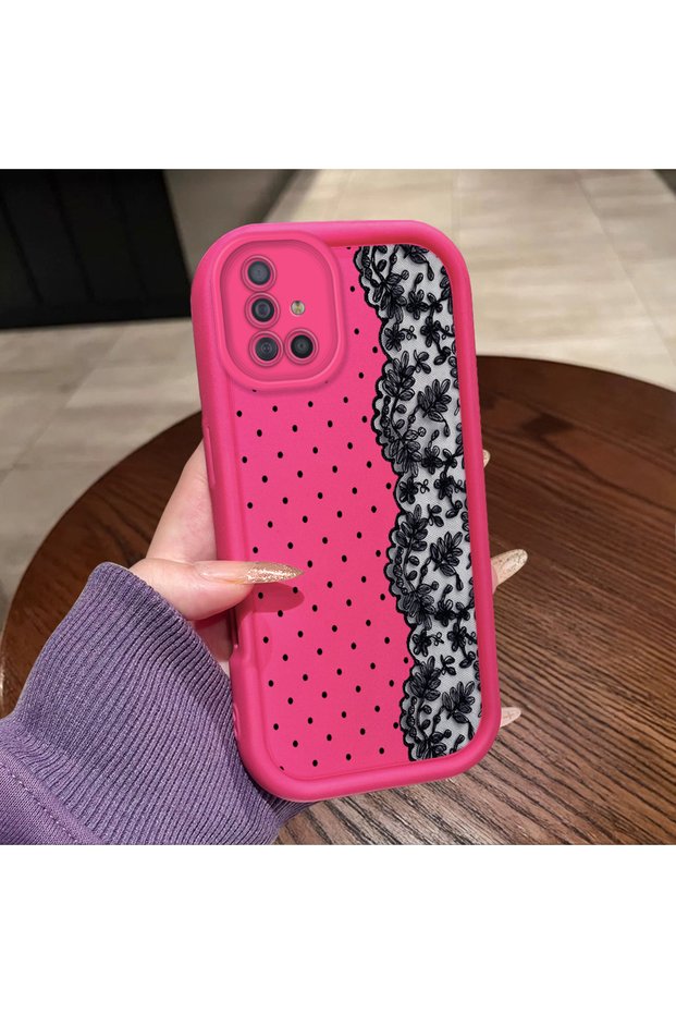 Samsung Galaxy A51 4g Compatible Pink Red Silicone Case Shockproof Camera Protection Dotted Lace Pattern