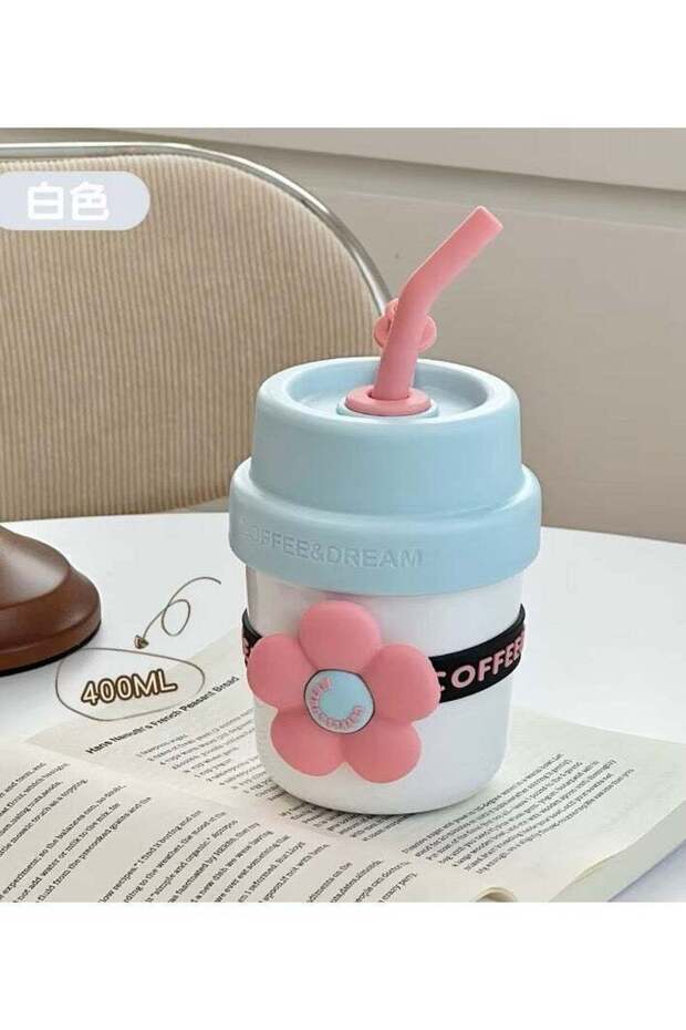 Children Water Cup 400ml Stainless Steel Insulated with Straw Thermos for Kids Cute Mug Blue