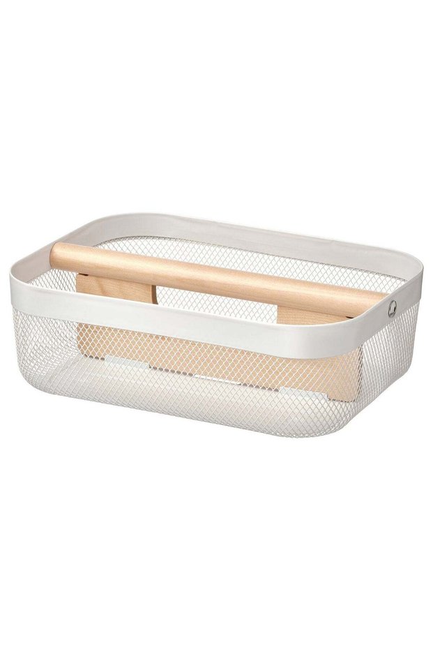 Storage Basket with Divider, White Steel and Birch, 33x24x11 cm