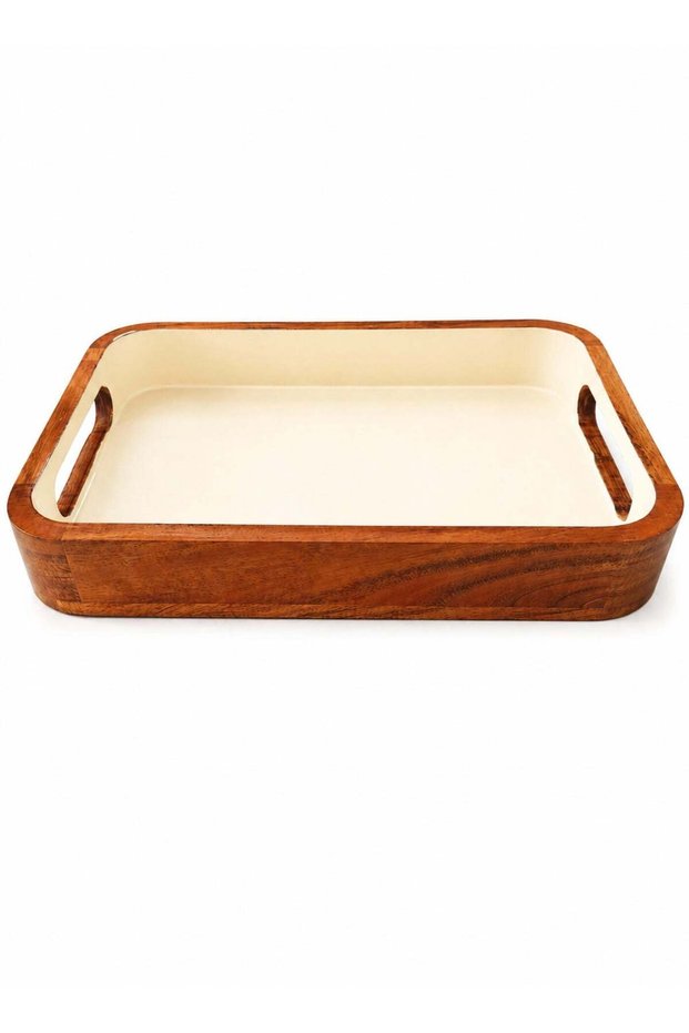 30 cm Acacia Wood Rectangular Serving Tray with Smooth Enamel Coating – Premium Natural Minimalist