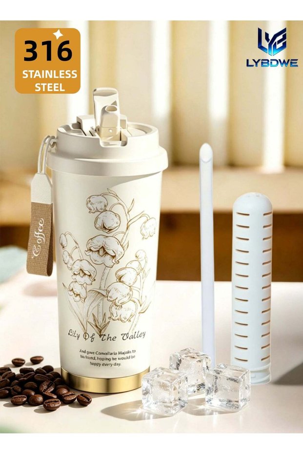 LYBDWE Travel Coffee Mug-500ML / 18OZ Large Capacity Tumbler Cup with Lid and Straw Stainless Steel Coffee Thermo,Double Wall Vacuum Insulated Travel Coffee Mug (White (Lily of the Valley))