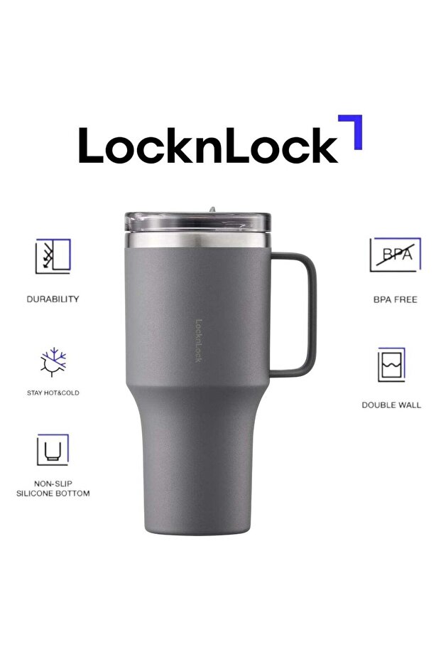 LocknLock Metro Mug King 820ml Gray Double Wall Stainless Steel Insulated Travel Mug, Spill Resistant Leakproof Lid, BPA Free Coffee Cup with Handle for Hot & Cold Drinks