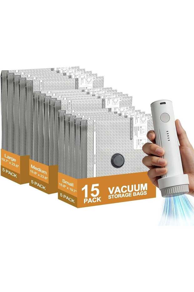 15-Pack Vacuum Storage Bags with Electric Pump, 3 Sizes Thickened Space Saver Bags, Airtight & Leak-Proof Compression Bags for Clothes, Comforters & Bedding, Reusable Closet Organizer for Home & Trav