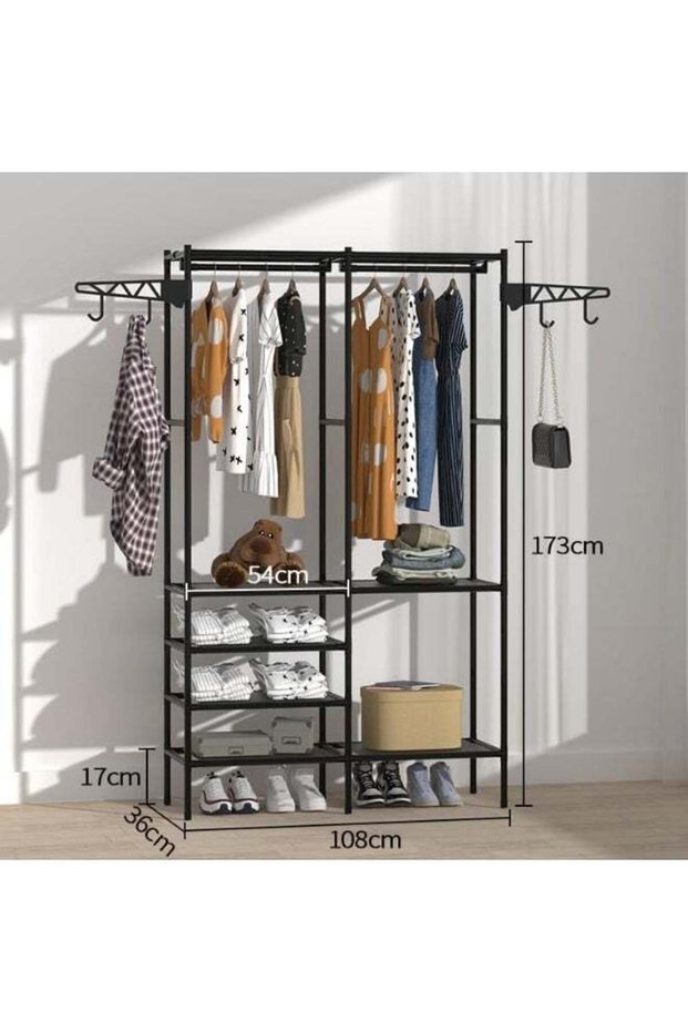 Heavy Duty Clothes Rack Clothes Rail Closet Storage Garment Rack Mutifunctional Floor Cabinet Portable Wardrobe with Hanging Rods Freestanding Closet Organizer With 4 Hooks for Bedroom