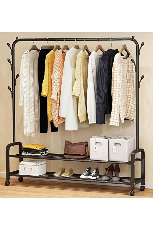 Heavy Duty Metal Garment Rack Rail Rolling Hanging Coat Rack Shelf Stand Closet Organizer Clothes Wardrobe with Wheel Design for Home Bedroom Easy to Assemble