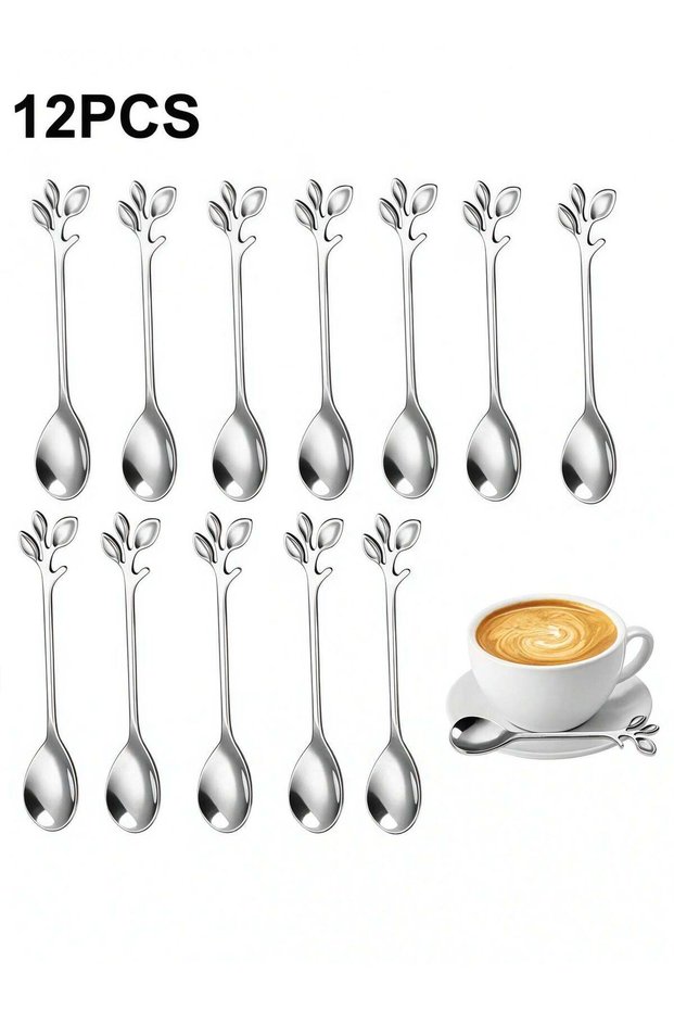12 PCS Elegant Silver Leaf Coffee Spoons 4.9" Mini Stainless Steel Espresso and Dessert Tea Spoons Creative Leaf Tableware Dessert Spoon for Stirring Mixing Sugar Ice Cream Cake Coffee Tea