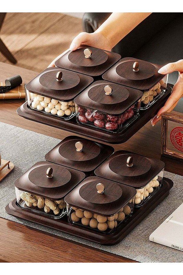 Wood grain fruit plate Serving Set: Plastic Imitated Wood Serving Tray & 4 Snack Boxes with Lid, Id