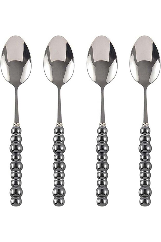 Stainless Steel Spoon Set, Dessert Spoons with Imitation Pearl Decoration, 8.4 Inch Korean Style Tea and Coffee Utensils for Home Dining, Parties, and Gifts, Ceramic Handle (Black, 4-Piece)