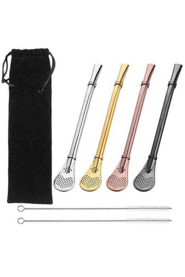 Stainless Steel Filter Straw Spoons Set, 15.5cm, 4 Colors with Storage Bag & Cleaning Brushes