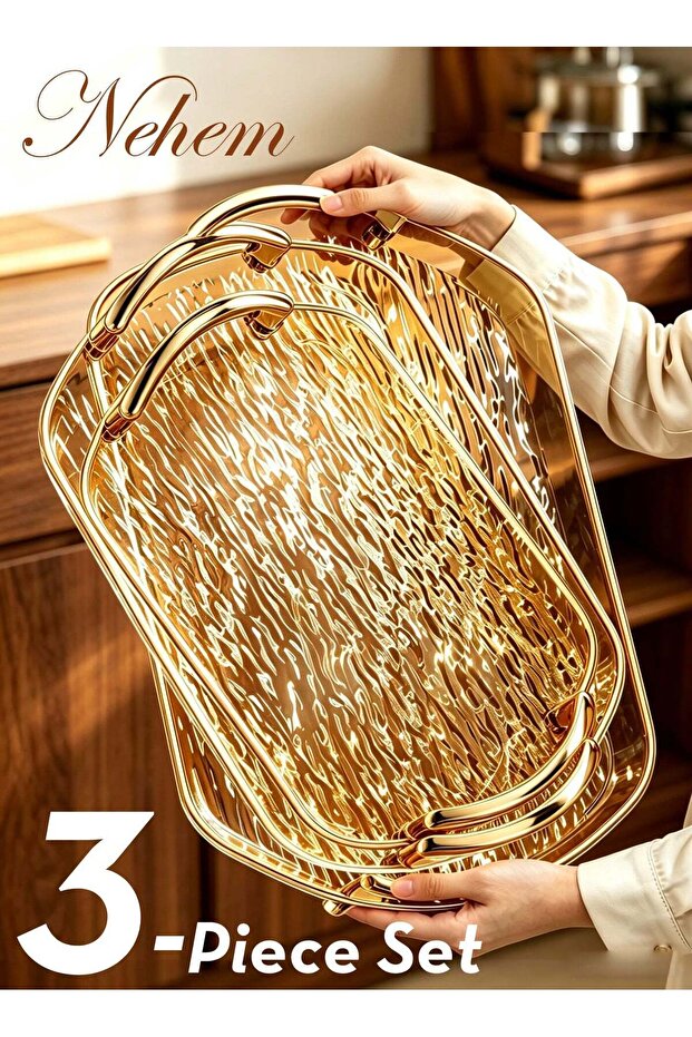 3 PCS Clear Serving Tray, With Polished Metal Handles, Serving Plate, Wavy Pattern Clear Tray, Spil