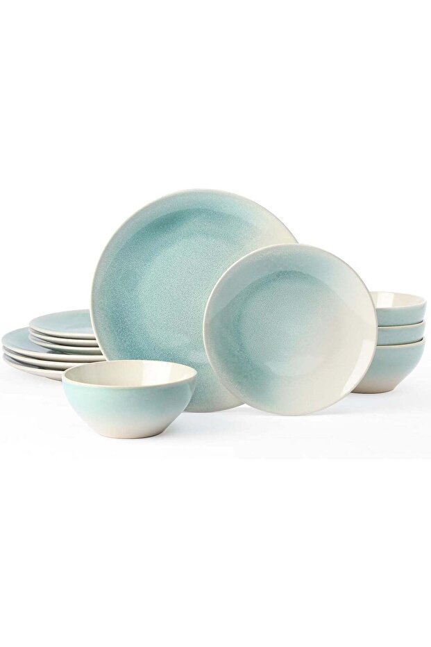 Famiware 12 Piece Dinnerware Set - Aqua Reactive Glaze Stoneware for 4