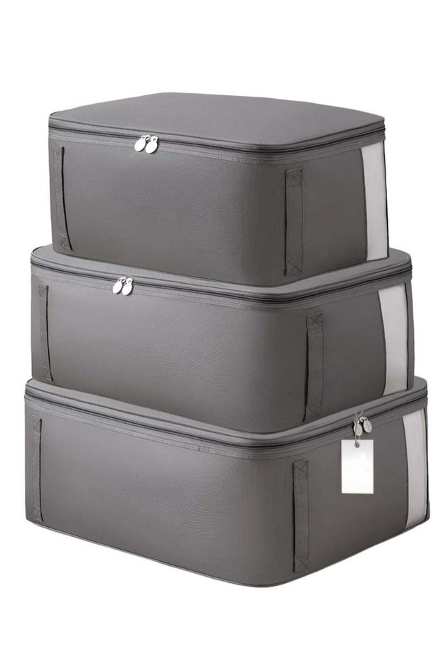 3 Pack Clothing Storage Bag, Oxford Fabric Clothes Organizer, Underbed Blanket Storage Containers, Non-Woven Collapsible Storage Bin, Clothes Storage with Sturdy Zipper, Clear Window