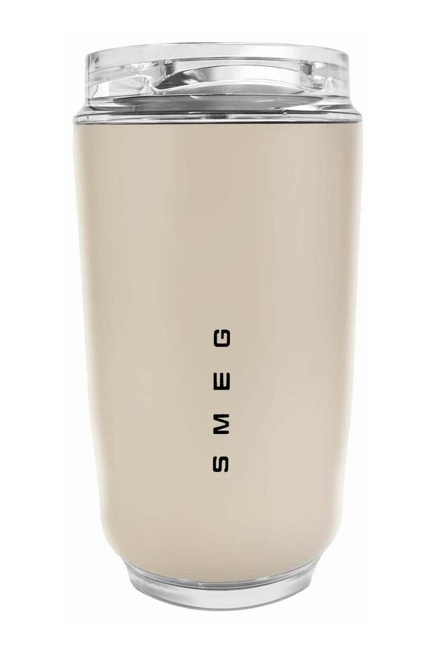 Smeg Travel Coffee Mug, 320ml Insulated Beverage Cup With Leakproof Lid, Long Lasting Coffee Tumbler With Lid, Travel Coffee Thermos cream Beige
