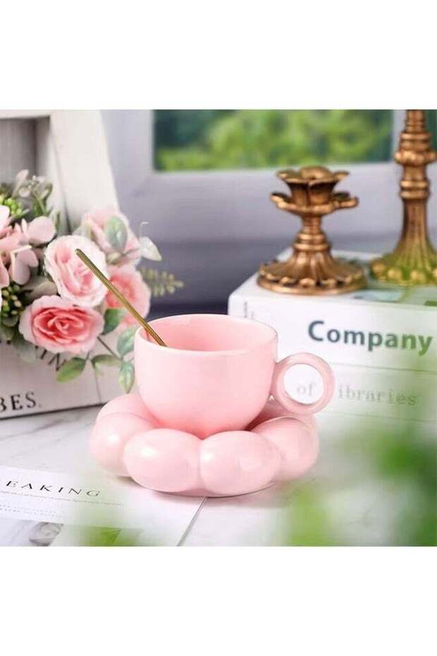 Ceramic Flower Coffee Mug with Saucer,Creative Cloud Coffee Cup,Ceramic Tea Cup Mug for Coffee Milk Tea Latte Yogurt,Pink