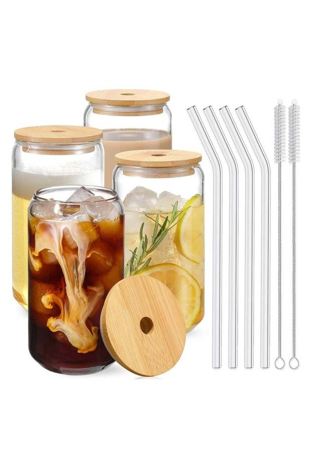Drinking Glasses with Bamboo Lids and Glass Straw 4pcs Set - 16oz Can Shaped Glass Cups, Mocktail Glasses, Iced Coffee Glasses, Cute Tumbler Cup, Ideal for Cocktail,Gift - 2 Cleaning Brushes